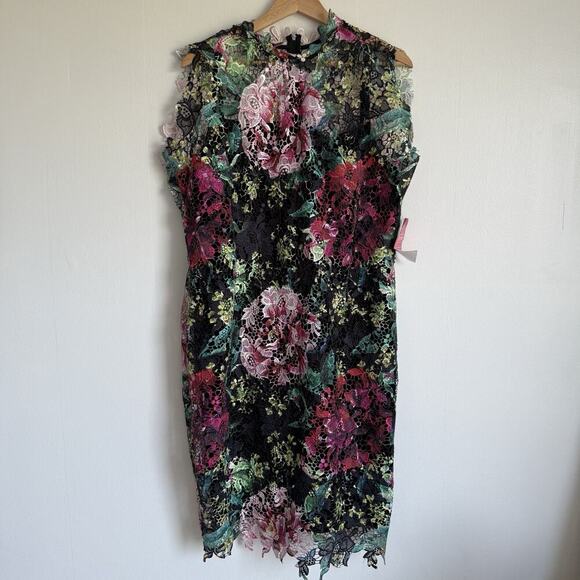 PAPER DOLLS London High Neck Black Pink Floral Crochet Lace Pencil Midi Dress 16 - Picture 1 of 15